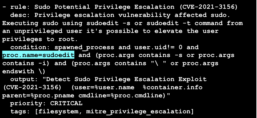 Falco rule for Sudo CVE-2021-3156