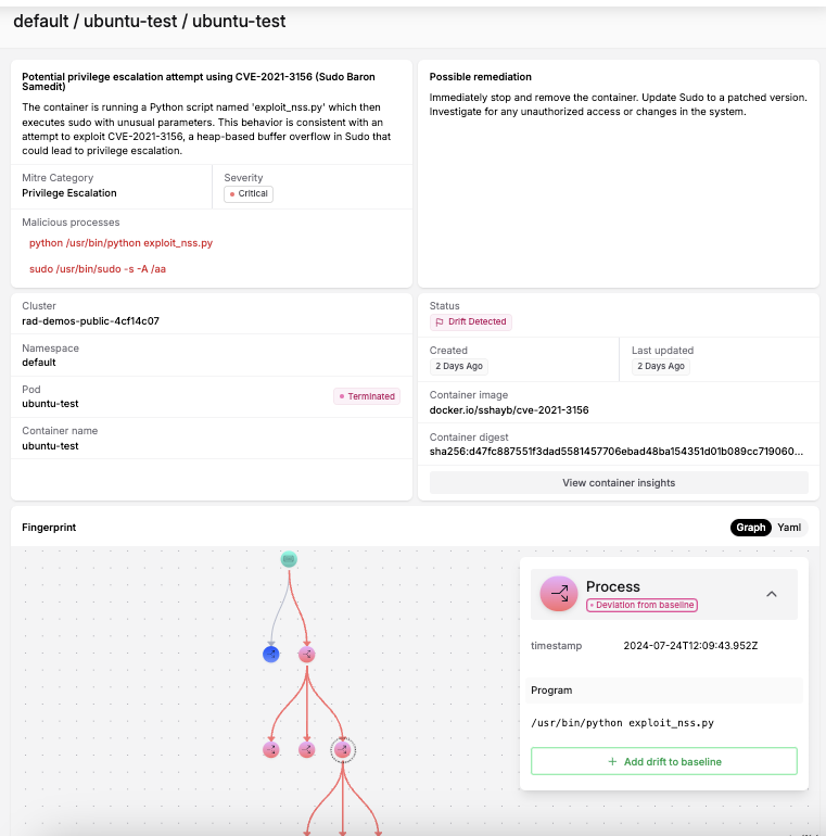 RAD Security behavioral detection of CVE-2021-3156